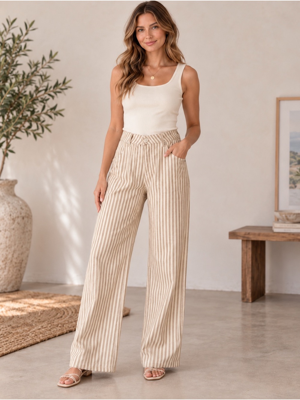 Entro Nantucket Neutral Stripe Wide Leg Pants Tan Cream S NWT